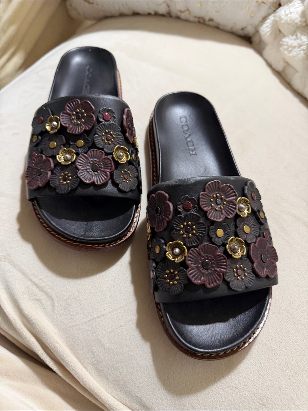 COACH Black Leather Floral Appliqué Slide Sandals with Burgundy & Gold Accents
